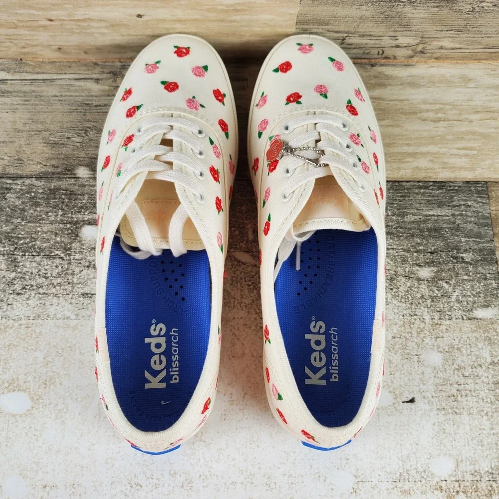 Keds Champion Womens Shoes Sz 5 M Off White Canvas Rose Embroidery Sneakers